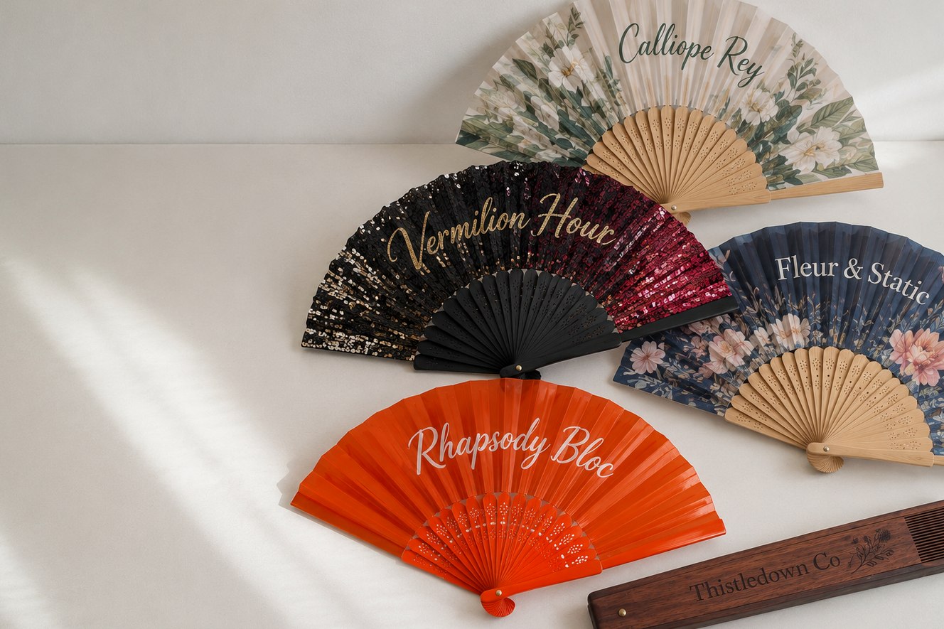 Custom-printed clacking fans open in a fan spread on a bright surface